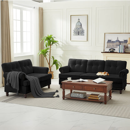 Set of 3 Chenille Sofa Set for Living Room, Button-Tufted & Nailhead Upholstery, Solid Rubberwood Legs