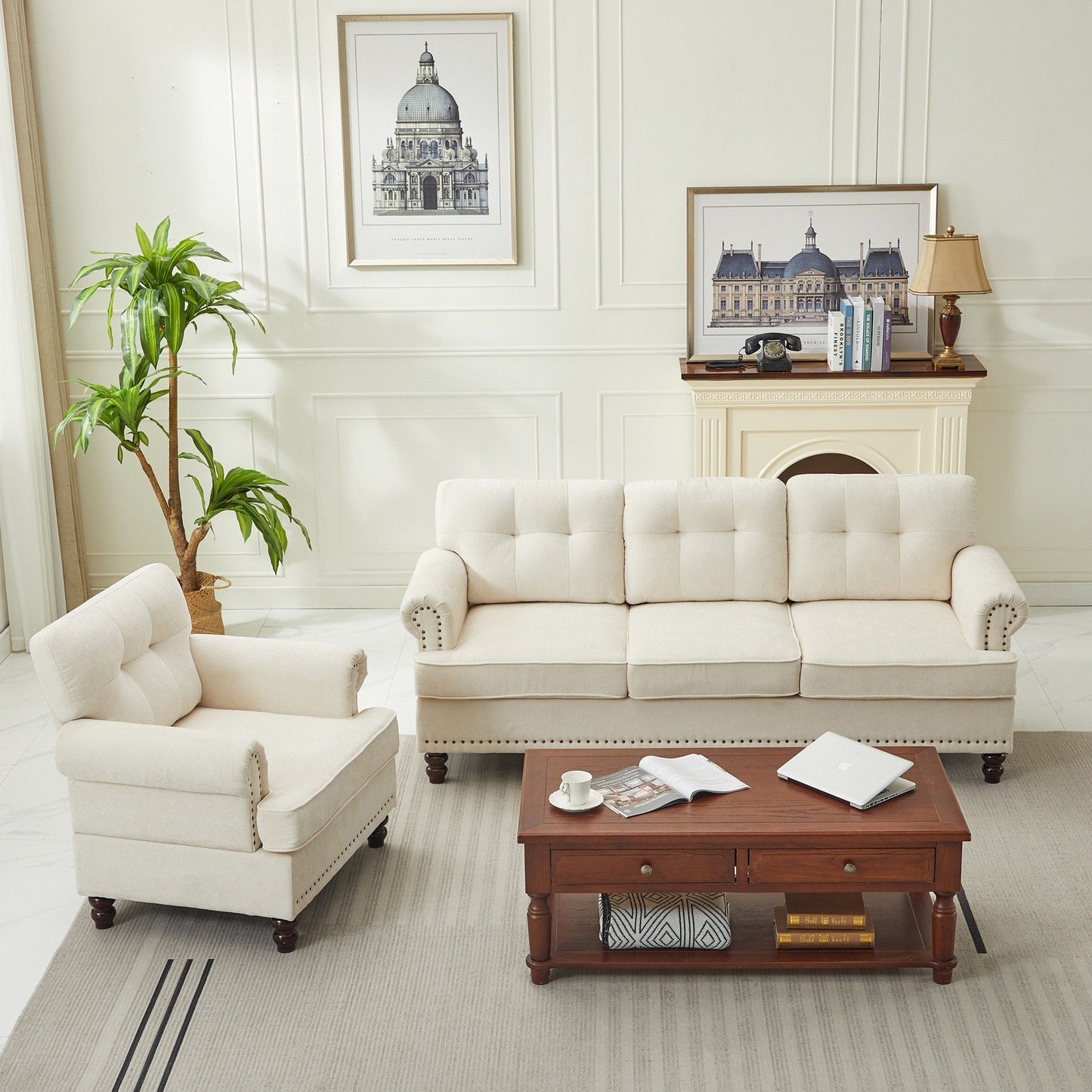 Set of 3 Chenille Sofa Set for Living Room, Button-Tufted & Nailhead Upholstery, Solid Rubberwood Legs
