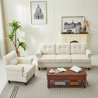 Set of 3 Chenille Sofa Set for Living Room, Button-Tufted & Nailhead Upholstery, Solid Rubberwood Legs