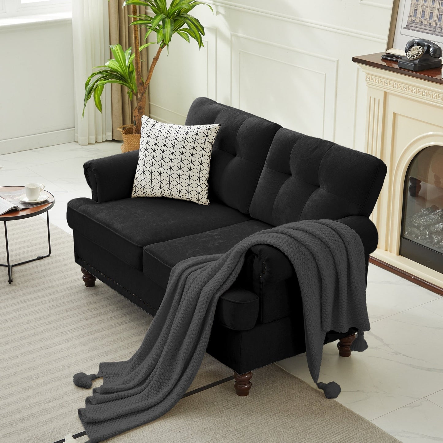 Set of 3 Chenille Sofa Set for Living Room, Button-Tufted & Nailhead Upholstery, Solid Rubberwood Legs