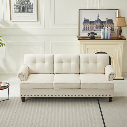 Set of 3 Chenille Sofa Set for Living Room, Button-Tufted & Nailhead Upholstery, Solid Rubberwood Legs