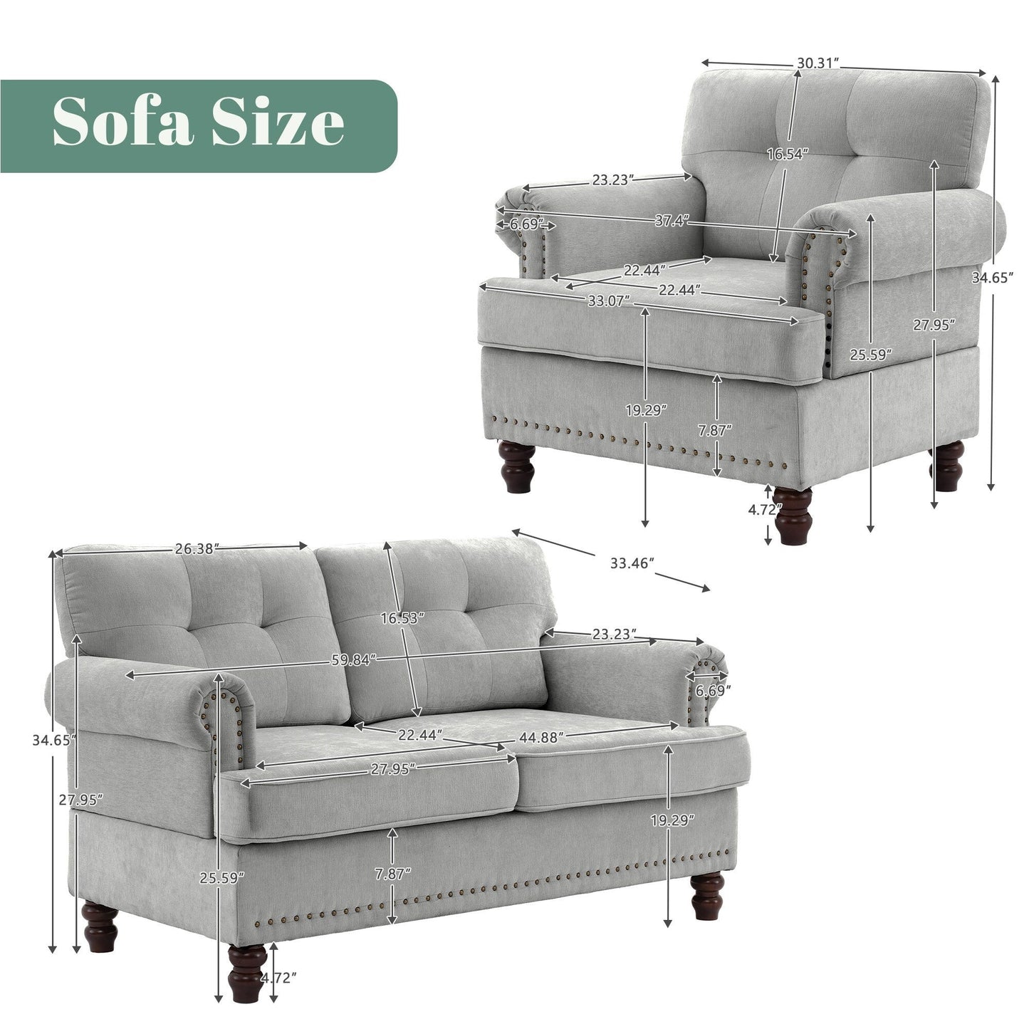 Set of 3 Chenille Sofa Set for Living Room, Button-Tufted & Nailhead Upholstery, Solid Rubberwood Legs