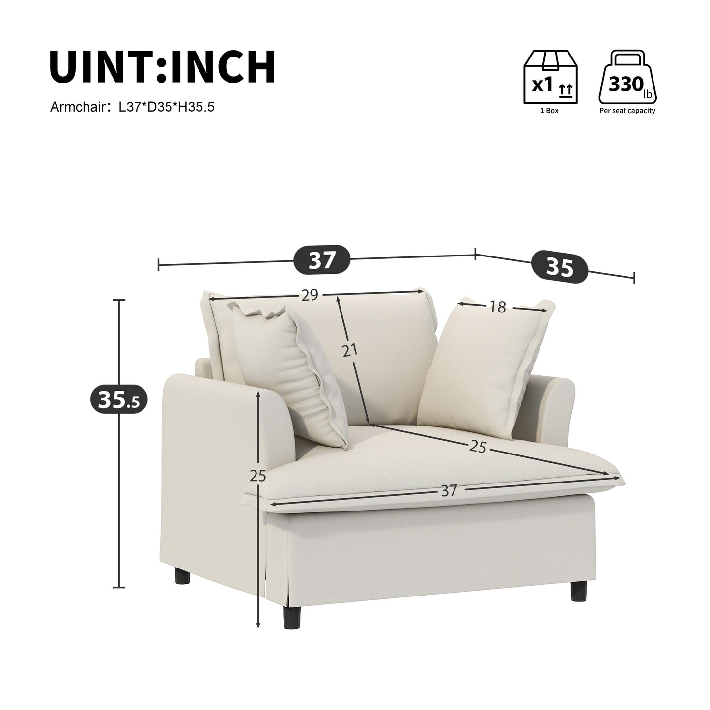 Single Seat Sofa Module For Modular Sectional Sofa,Wide Seat Chenille Armchair With Pillows,Upholstered Single Couch Lounge