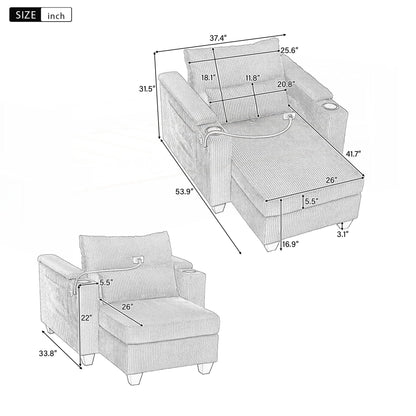 Sofa Chair Sofa Bed Corduroy Sleeper Sofa with USB Ports