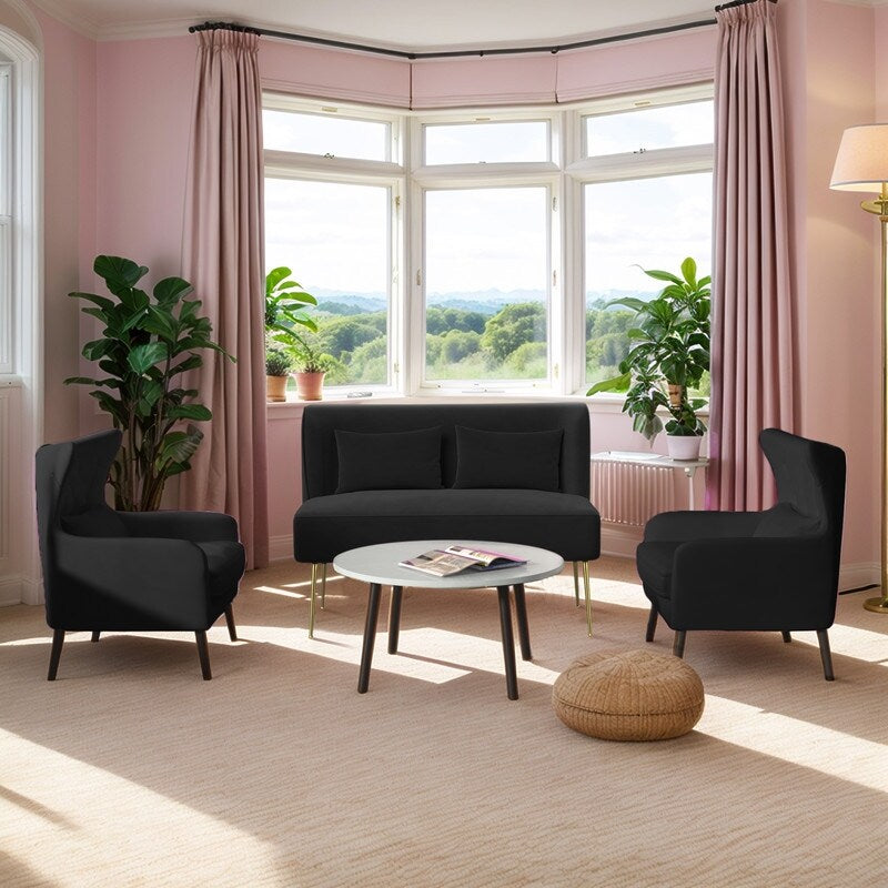 Upholstered Tuft Velvet Metal Thick Cushion Two Accent Chairs Loveseat