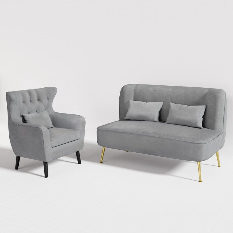 Upholstered Tuft Velvet Metal Thick Cushion Two Accent Chairs Loveseat