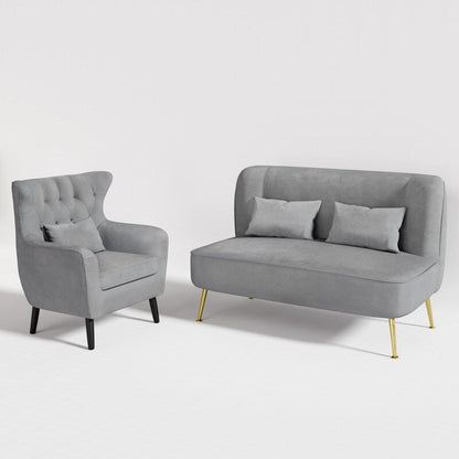 Upholstered Tuft Velvet Metal Thick Cushion Two Accent Chairs Loveseat