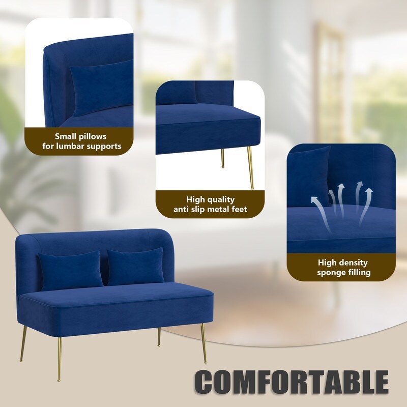 Upholstered Tuft Velvet Metal Thick Cushion Two Accent Chairs Loveseat