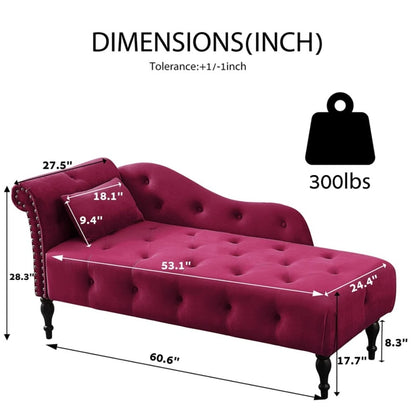 61 Velvet Chaise Lounge Chair with 1 Pillow and Nailhead Trimmed