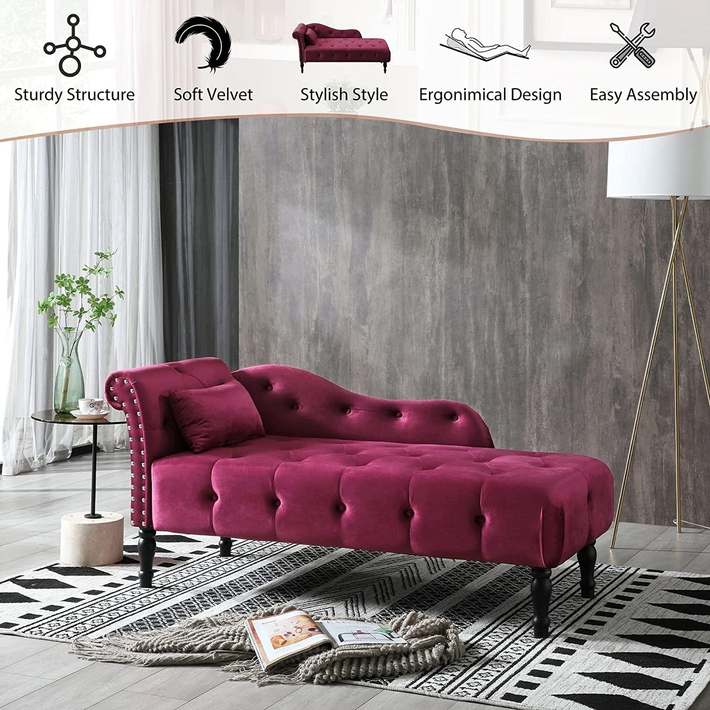 61 Velvet Chaise Lounge Chair with 1 Pillow and Nailhead Trimmed