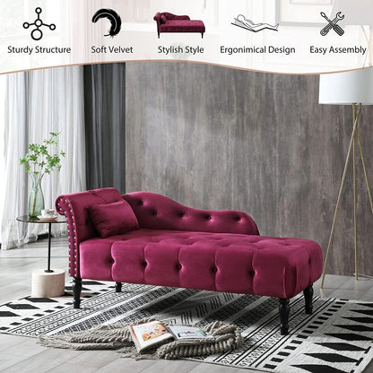 61 Velvet Chaise Lounge Chair with 1 Pillow and Nailhead Trimmed
