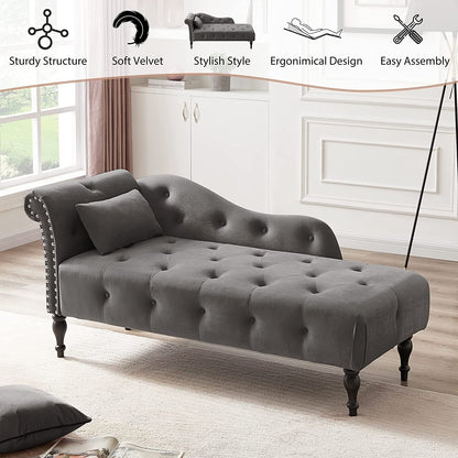 61 Velvet Chaise Lounge Chair with 1 Pillow and Nailhead Trimmed