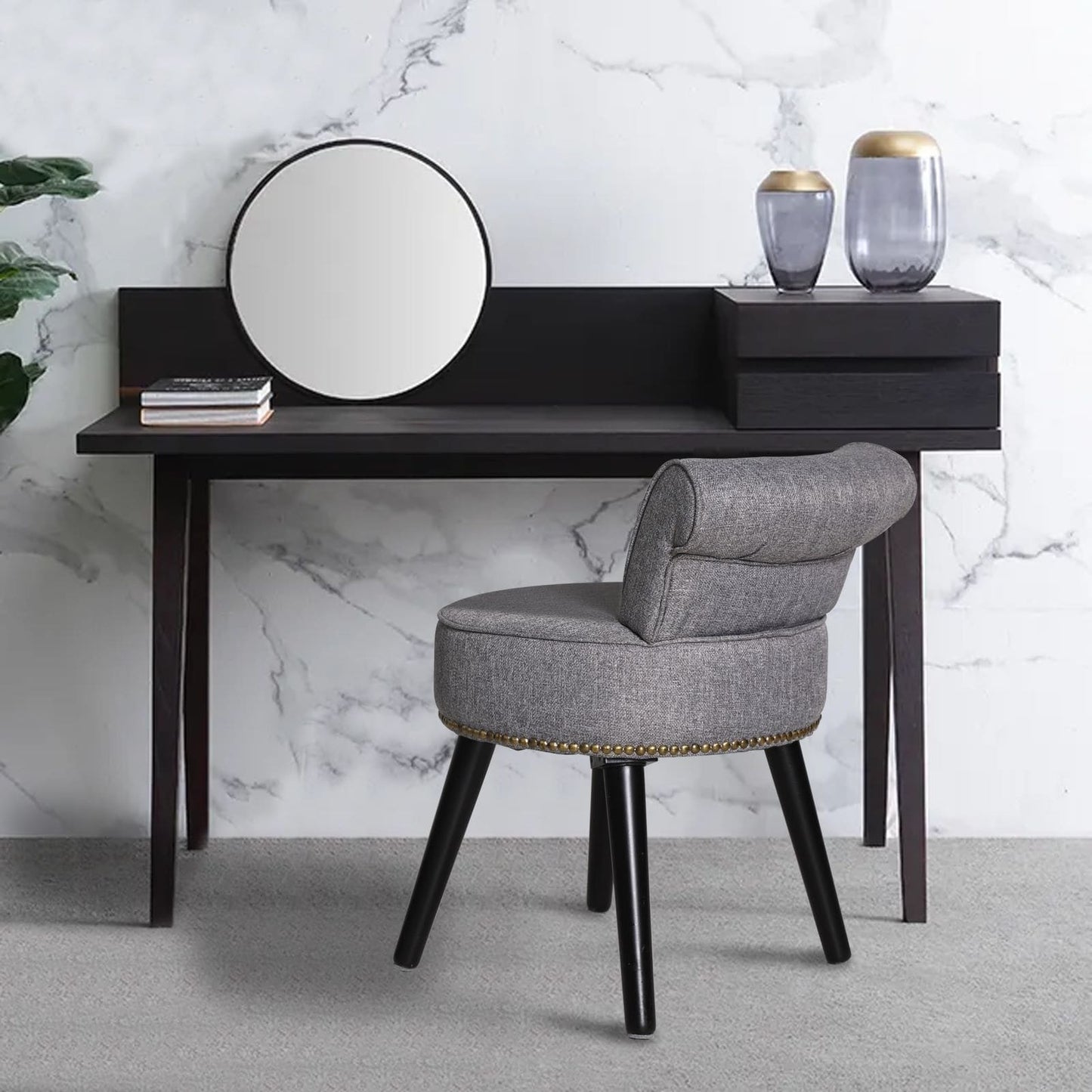 VEIKOUS Makeup Vanity Stool Chair with Low Back and Wood Legs-17.3 x 15.7 x 25.1