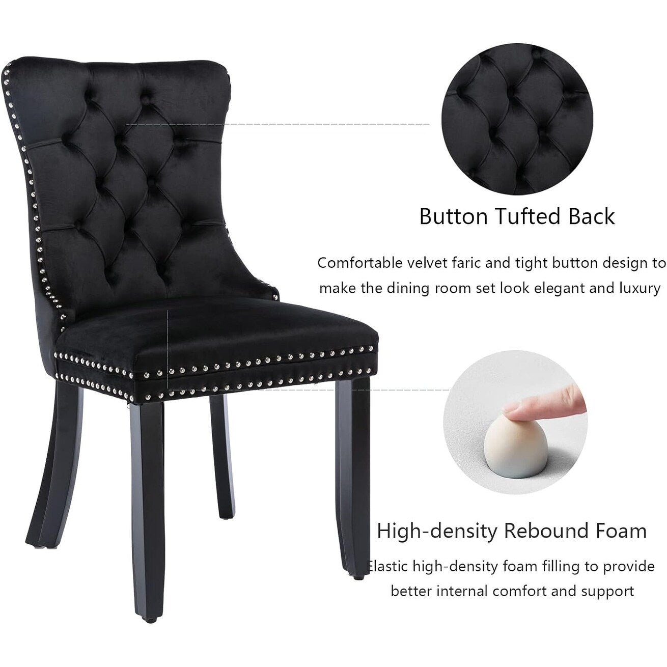 Velvet Dining Chairs Set of 2, Tufted Dining Chairs with Nailhead Back and Ring Pull Trim - 25.5×19.7×37.4inch