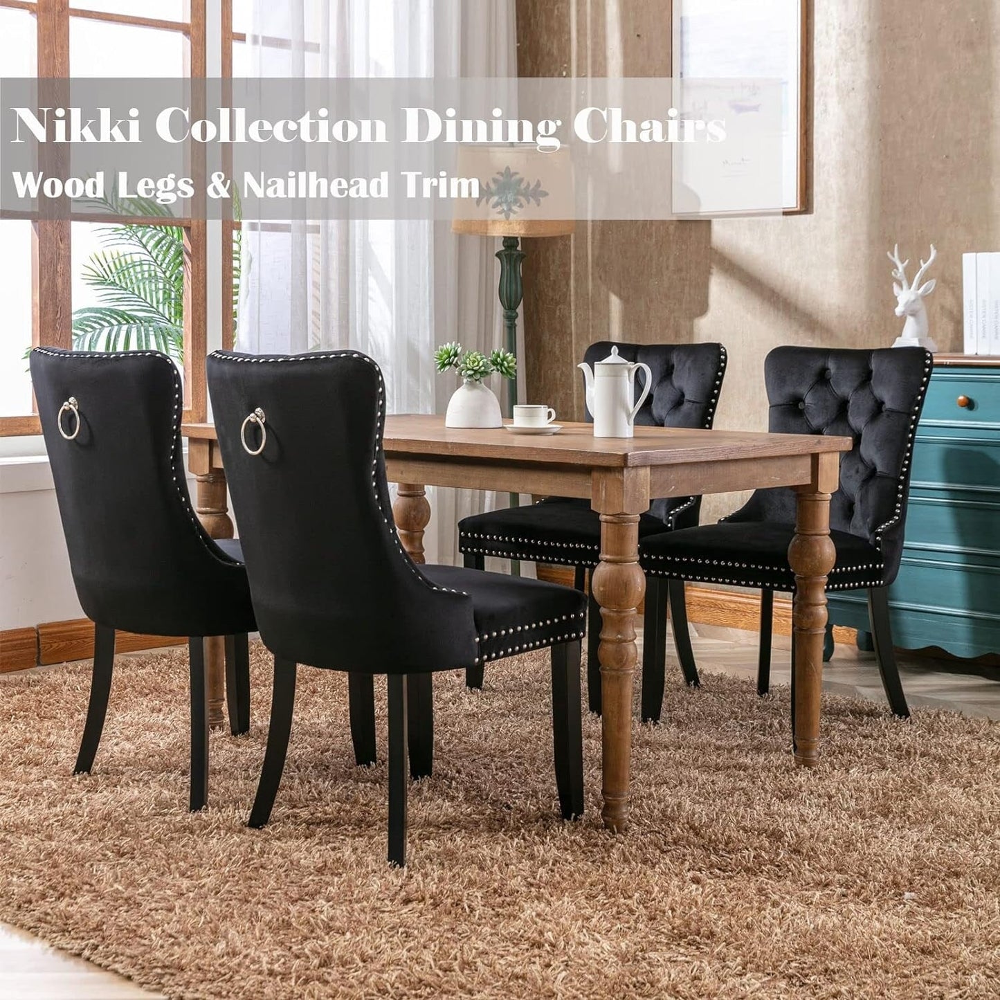Velvet Dining Chairs Set of 2, Tufted Dining Chairs with Nailhead Back and Ring Pull Trim - 25.5×19.7×37.4inch