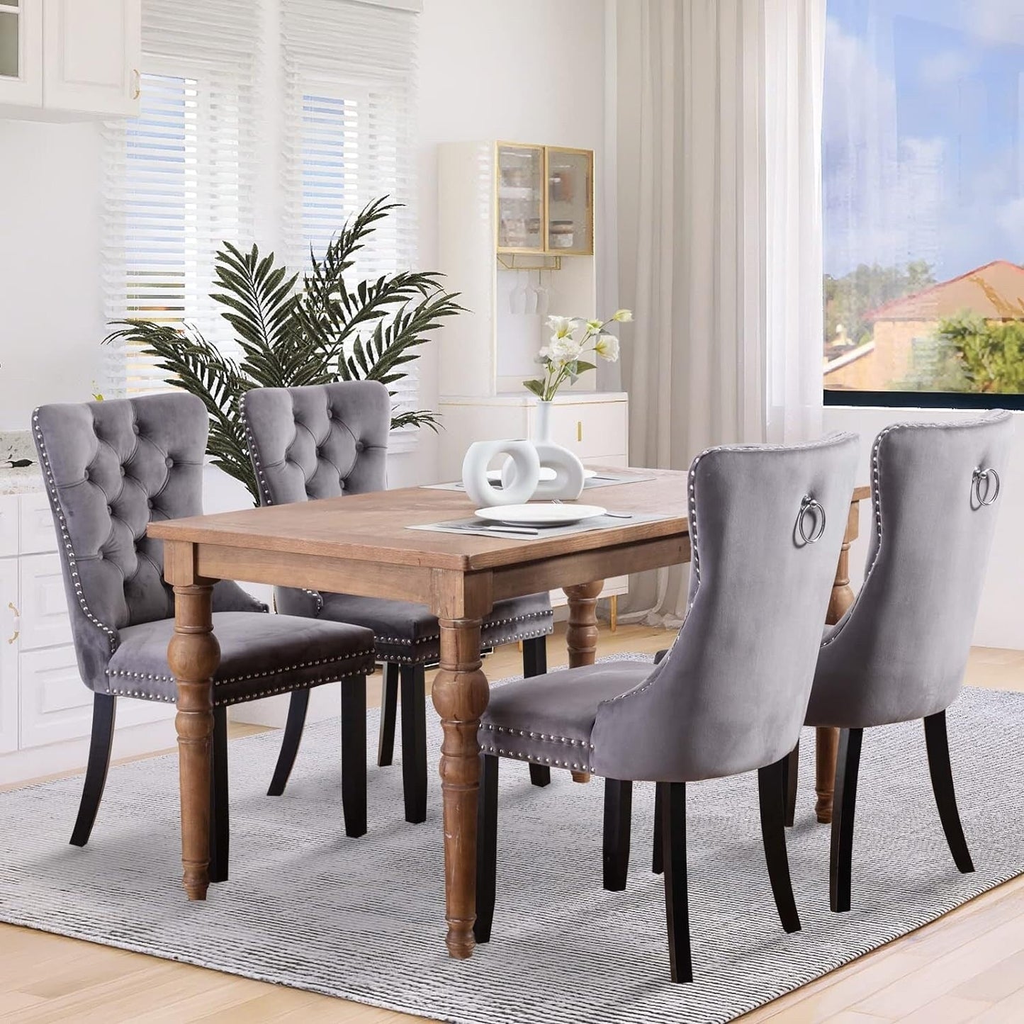 Velvet Dining Chairs Set of 2, Tufted Dining Chairs with Nailhead Back and Ring Pull Trim - 25.5×19.7×37.4inch