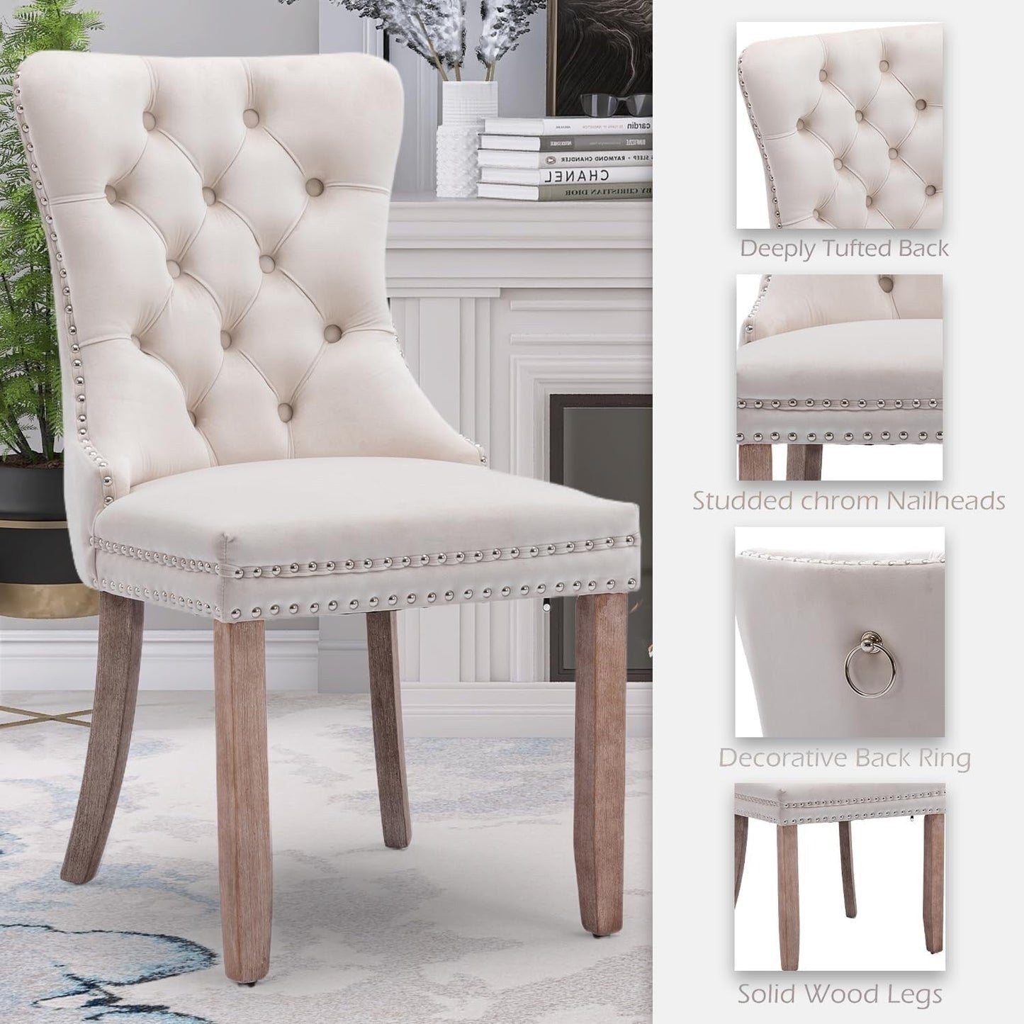 Velvet Dining Chairs Set of 2, Tufted Dining Chairs with Nailhead Back and Ring Pull Trim - 25.5×19.7×37.4inch