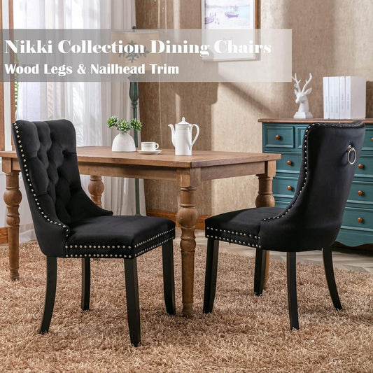 Velvet Dining Chairs Set of 2, Tufted Dining Chairs with Nailhead Back and Ring Pull Trim - 25.5×19.7×37.4inch