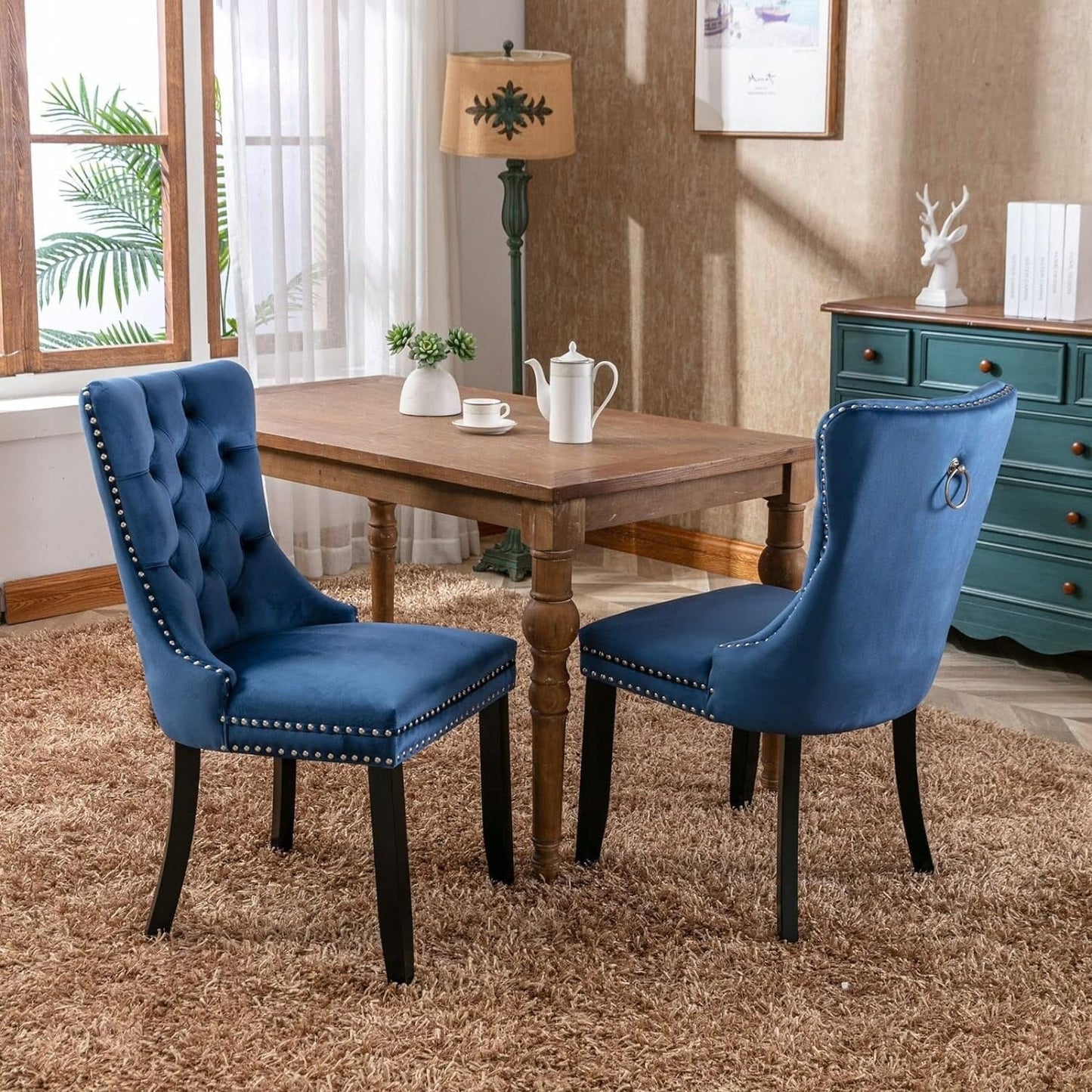 Velvet Dining Chairs Set of 2, Tufted Dining Chairs with Nailhead Back and Ring Pull Trim - 25.5×19.7×37.4inch