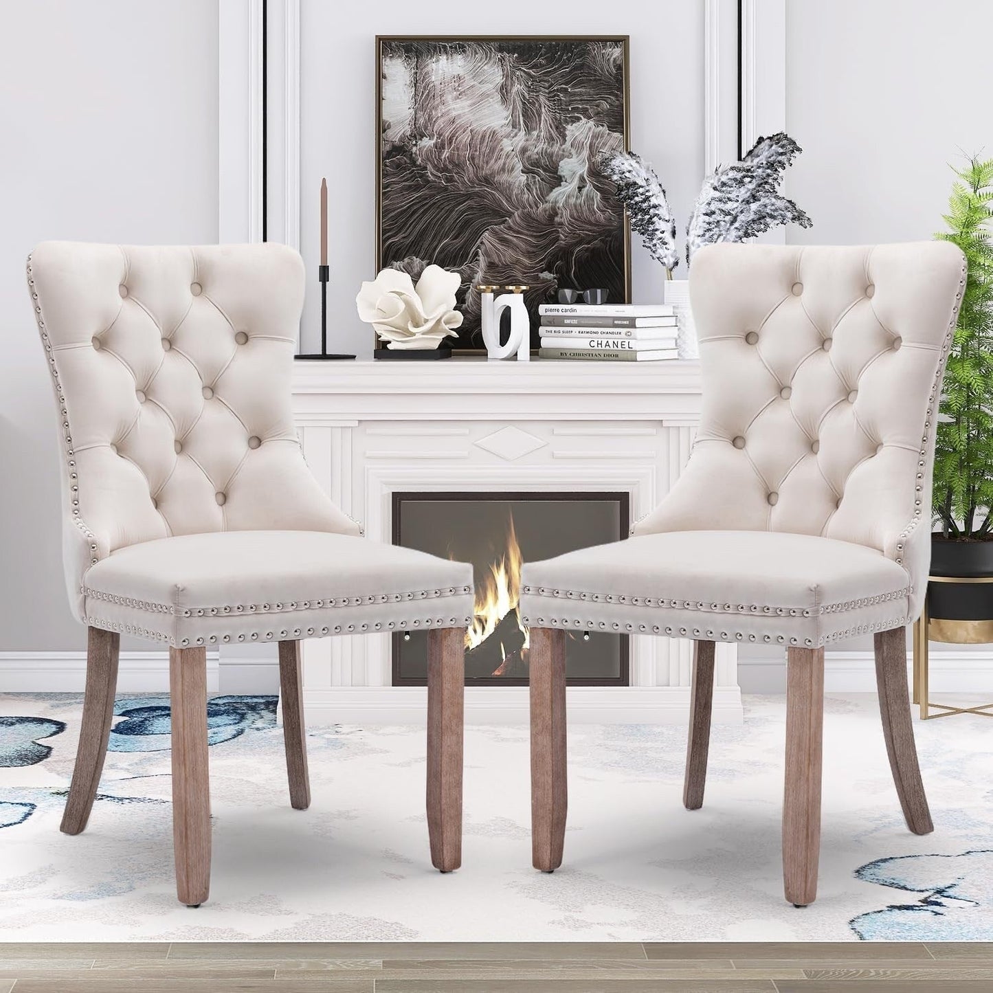 Velvet Dining Chairs Set of 2, Tufted Dining Chairs with Nailhead Back and Ring Pull Trim - 25.5×19.7×37.4inch