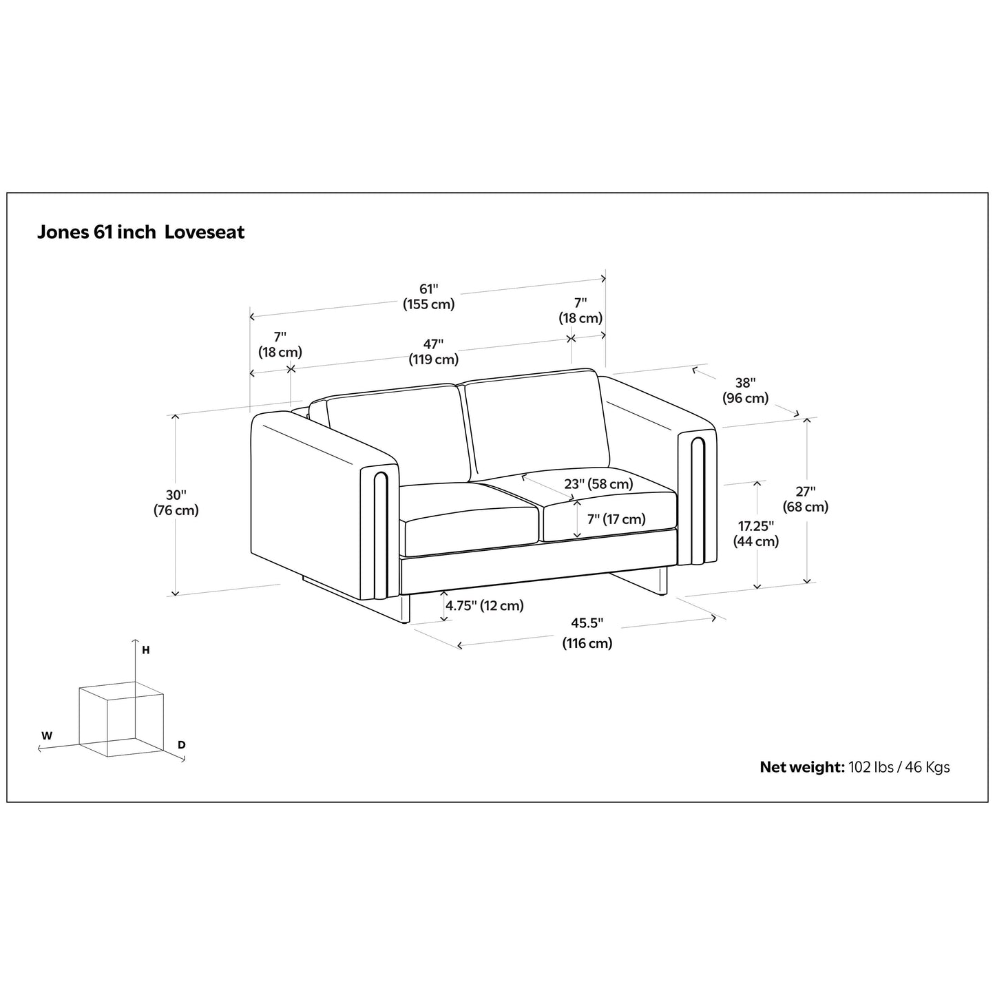 WYNDENHALL Drayton 61 inch Wide Contemporary Loveseat Sofa in Tightly Woven Performance Fabric - Â 61 W x 38 D x 30 H