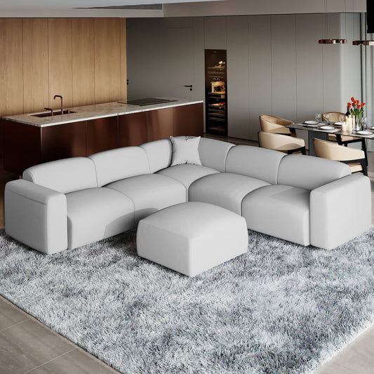 Whisper Upholstered Conversation Set with Modular Chairs, Attachable Arms and Ottoman Living Room Sectional Set