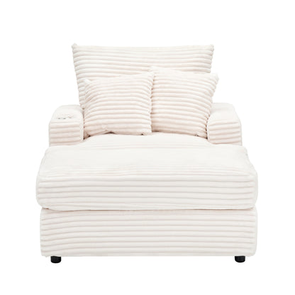 White 39.37 Corduroy Upholstered Single Armchair Sofa with Ottoman and Cup Holder for Lving Room