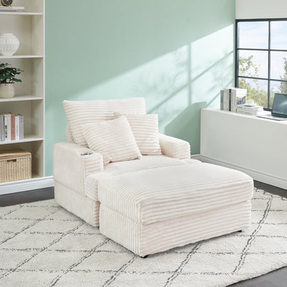 White 39.37 Corduroy Upholstered Single Armchair Sofa with Ottoman and Cup Holder for Lving Room