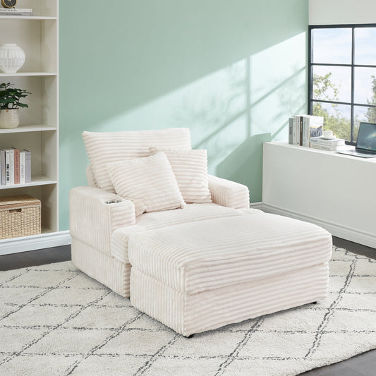 White 39.37 Corduroy Upholstered Single Armchair Sofa with Ottoman and Cup Holder for Lving Room