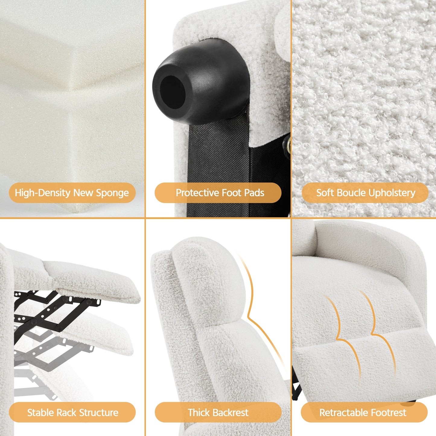 Yaheetech Upholstered Boucle Recliner Sofa Adjustable Reclining Chair, Ivory