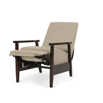 Yahya Manual Recliner Chair, Ergonomic Brown Rubberwood, Sand Beige Fabric