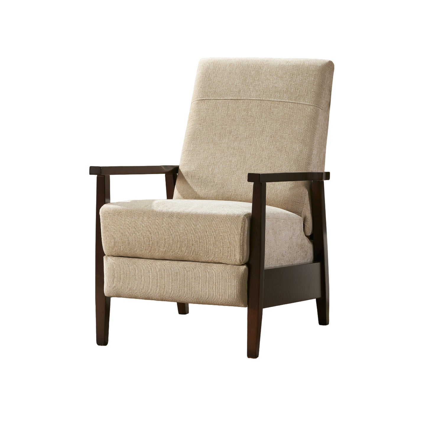 Yahya Manual Recliner Chair, Ergonomic Brown Rubberwood, Sand Beige Fabric