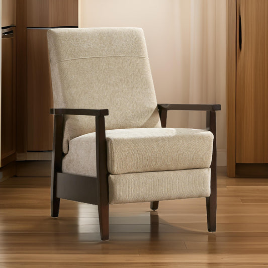 Yahya Manual Recliner Chair, Ergonomic Brown Rubberwood, Sand Beige Fabric