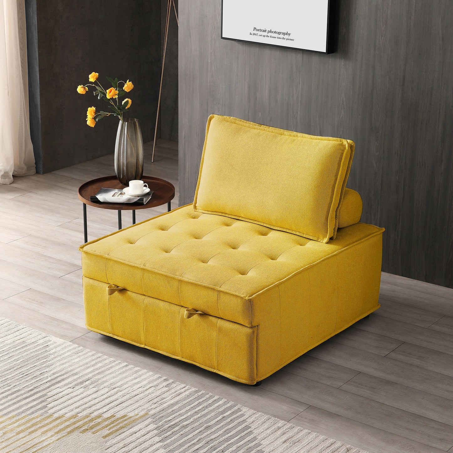 Yellow 39 Single Multipurpose Ottoman Pull Out Sofa Bed with Adjustable Backrest and Pillow for Living Room