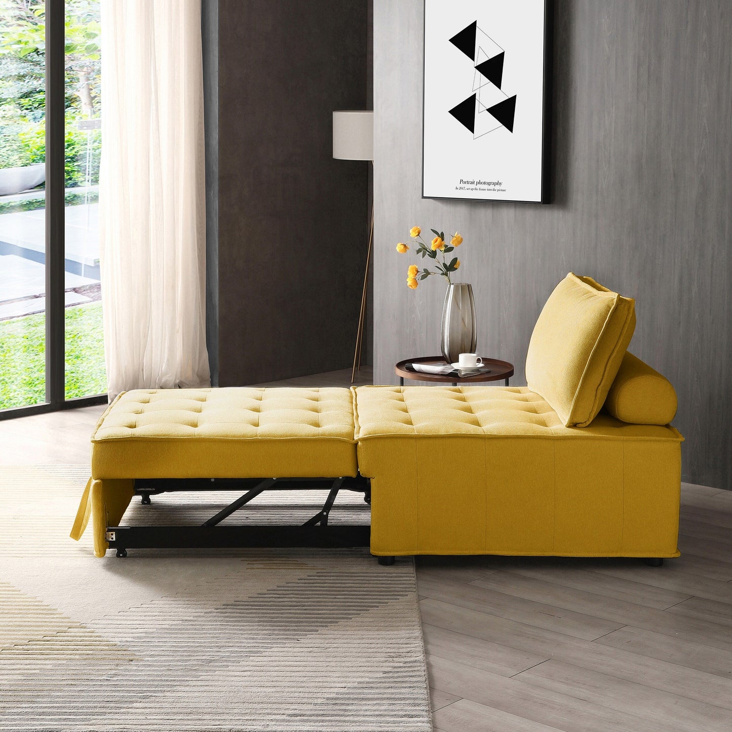 Yellow 39 Single Multipurpose Ottoman Pull Out Sofa Bed with Adjustable Backrest and Pillow for Living Room