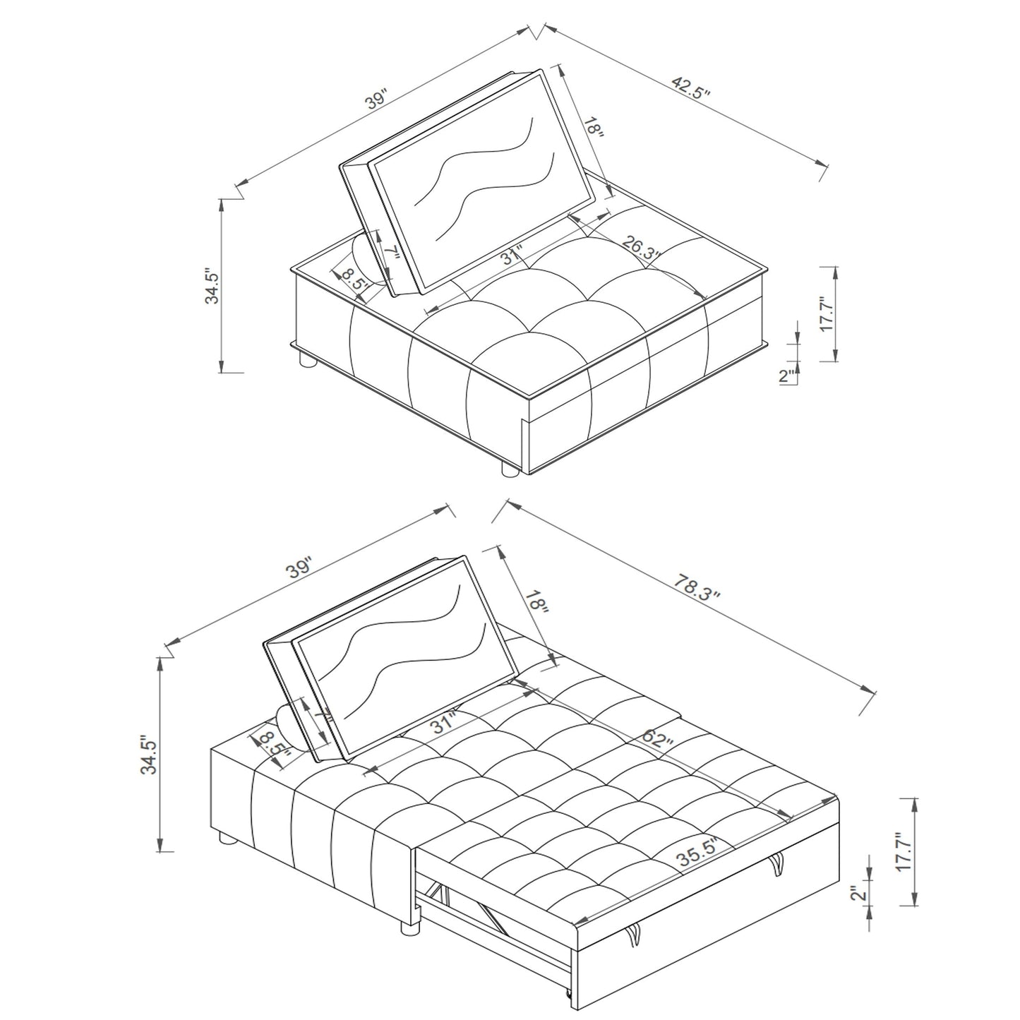 Yellow 39 Single Multipurpose Ottoman Pull Out Sofa Bed with Adjustable Backrest and Pillow for Living Room