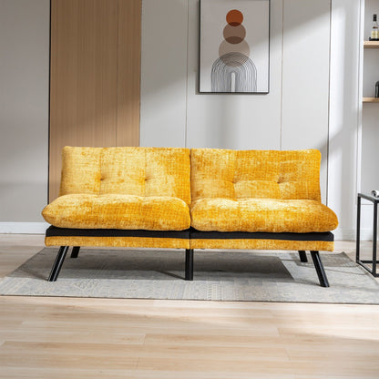 Yellow 75.6 Chenille Convertible Loveseat Futon Sofa Bed with Metal Legs for Living Room