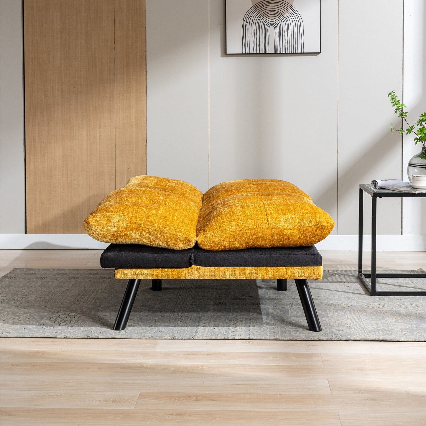 Yellow 75.6 Chenille Convertible Loveseat Futon Sofa Bed with Metal Legs for Living Room
