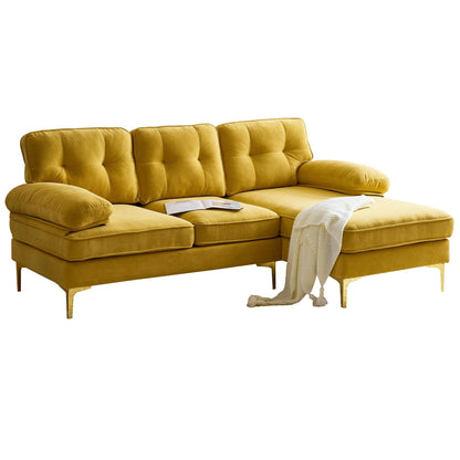 Yellow 83 Velvet L-Shaped 3-Seater Sectional with Soft Foam Cushions, Loose Backrest and Armrests, and Metal Legs