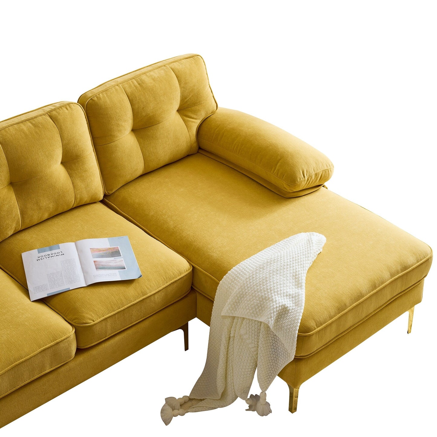 Yellow 83 Velvet L-Shaped 3-Seater Sectional with Soft Foam Cushions, Loose Backrest and Armrests, and Metal Legs
