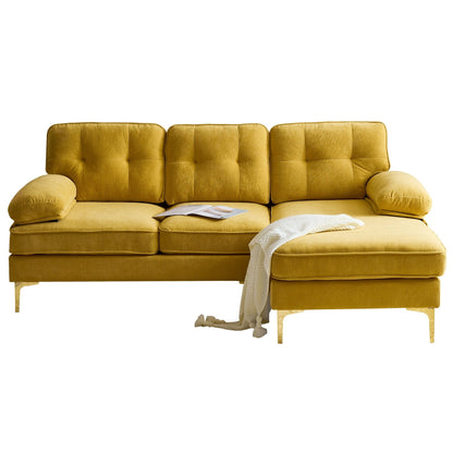 Yellow 83 Velvet L-Shaped 3-Seater Sectional with Soft Foam Cushions, Loose Backrest and Armrests, and Metal Legs