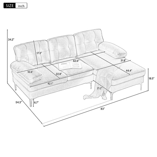 Yellow 83'' L-Shaped Velvet 3-Seater Sectional Sofa with Loose Backrests, Armrests, and Metal Legs