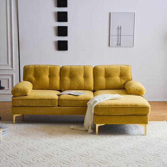 Yellow 83'' Velvet L-Shaped 3-Seater Sectional Sofa with Loose Backrests and Metal Legs