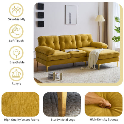 Yellow 83'' Velvet L-Shaped 3-Seater Sectional Sofa with Loose Backrests and Metal Legs