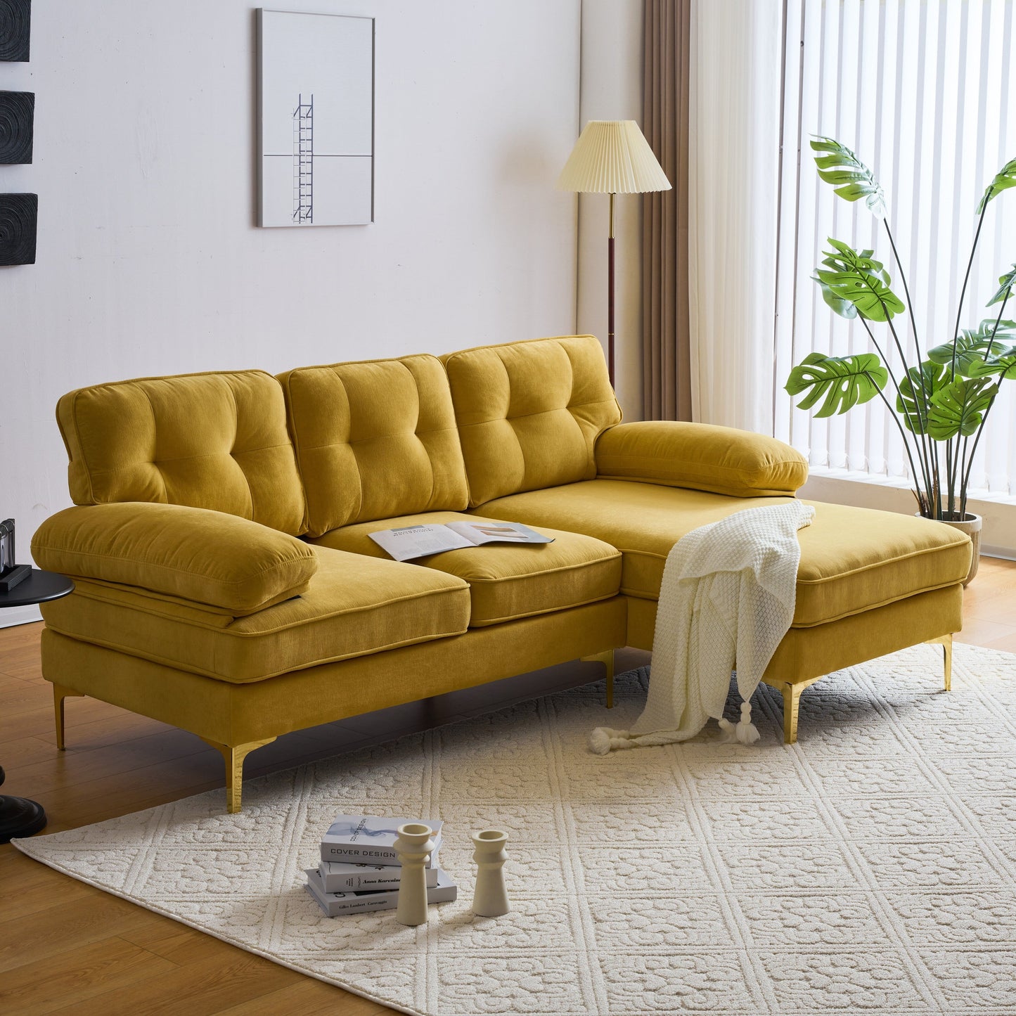 Yellow 83'' Velvet L-Shaped 3-Seater Sectional Sofa with Loose Backrests and Metal Legs