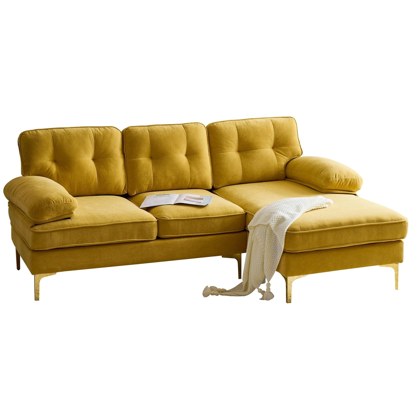 Yellow 83'' Velvet L-Shaped 3-Seater Sectional Sofa with Loose Backrests and Metal Legs