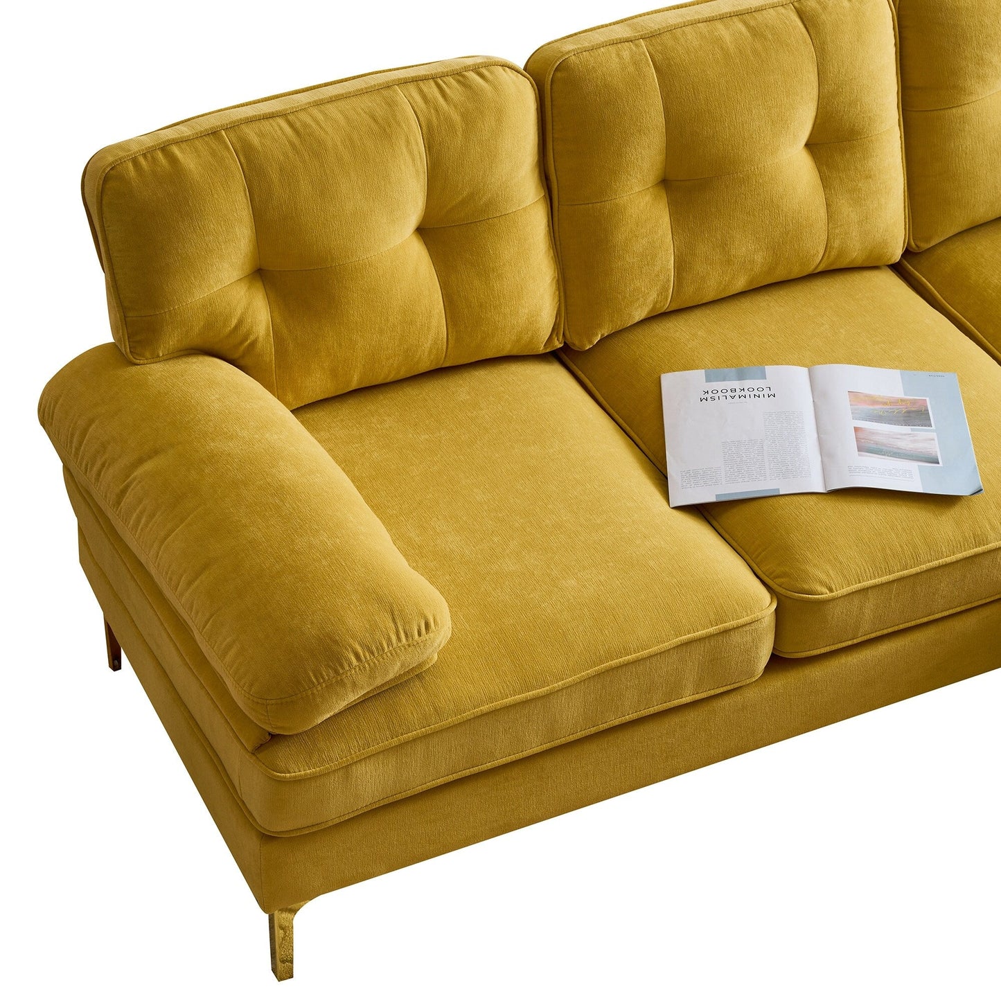 Yellow 83'' Velvet L-Shaped 3-Seater Sectional Sofa with Loose Backrests and Metal Legs