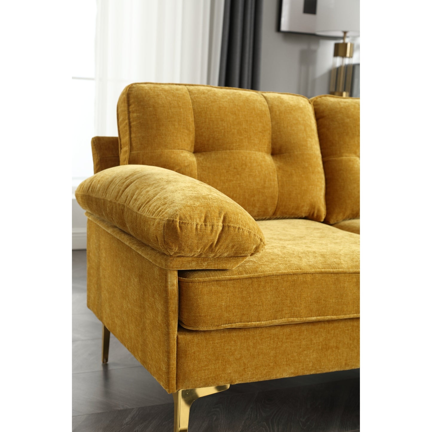 Yellow 85'' L-Shaped 3-Seater Fabric Sofa with Chaise, Wooden Frame, and Spring Cushion Reinforcement
