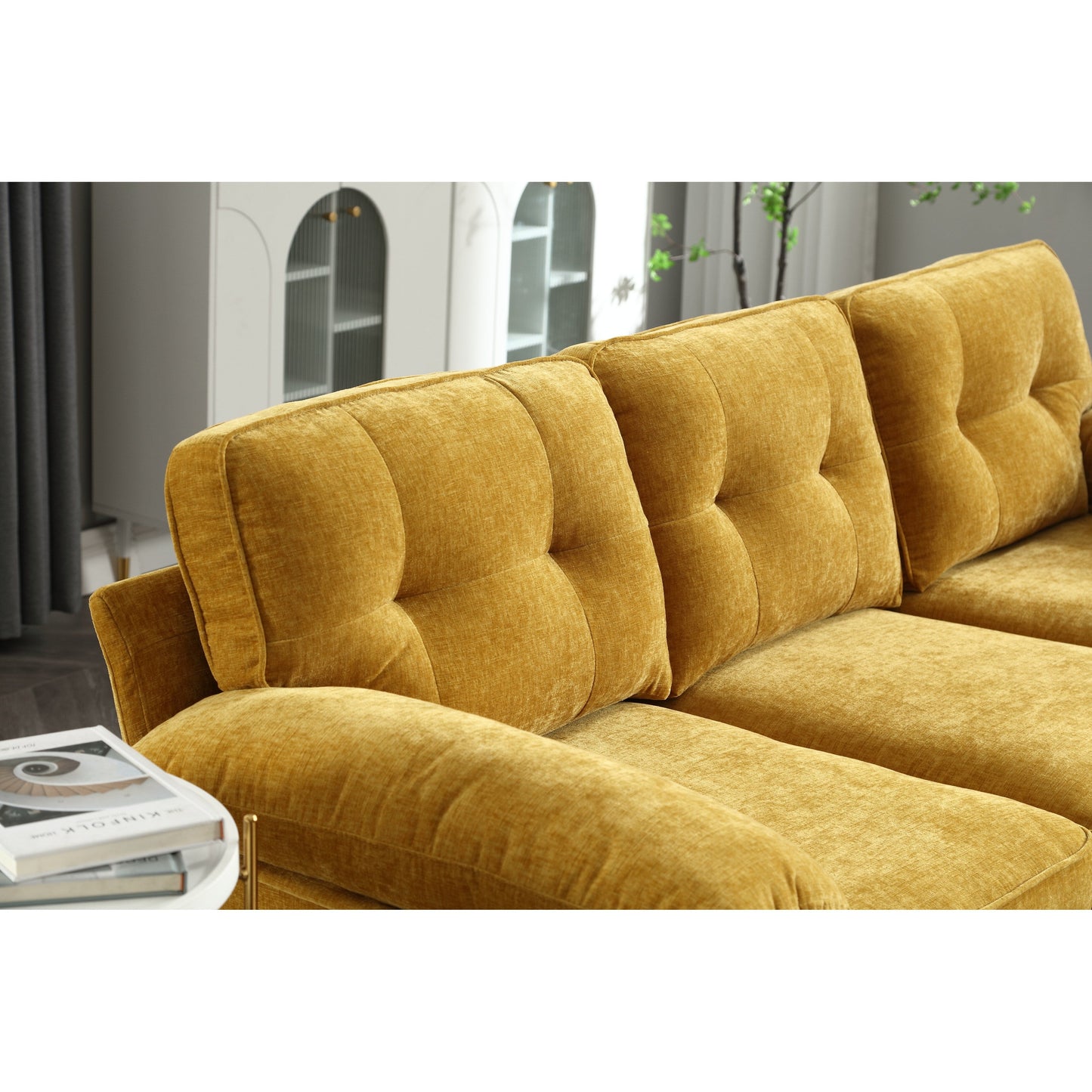 Yellow 85'' L-Shaped 3-Seater Fabric Sofa with Chaise, Wooden Frame, and Spring Cushion Reinforcement