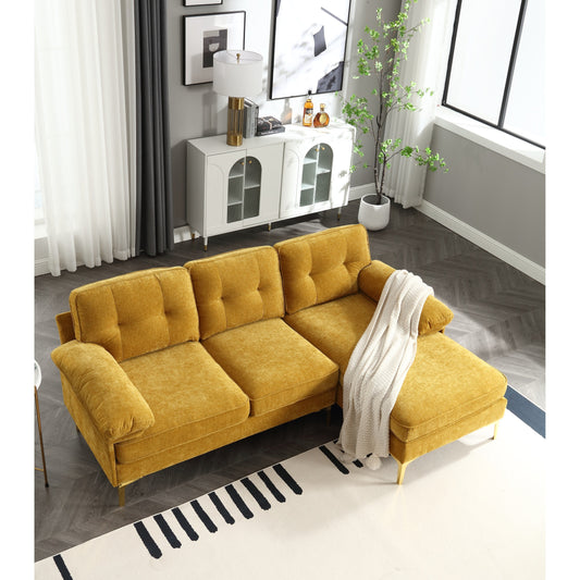 Yellow 85'' L-Shaped 3-Seater Fabric Sofa with Chaise, Wooden Frame, and Spring Cushion Reinforcement